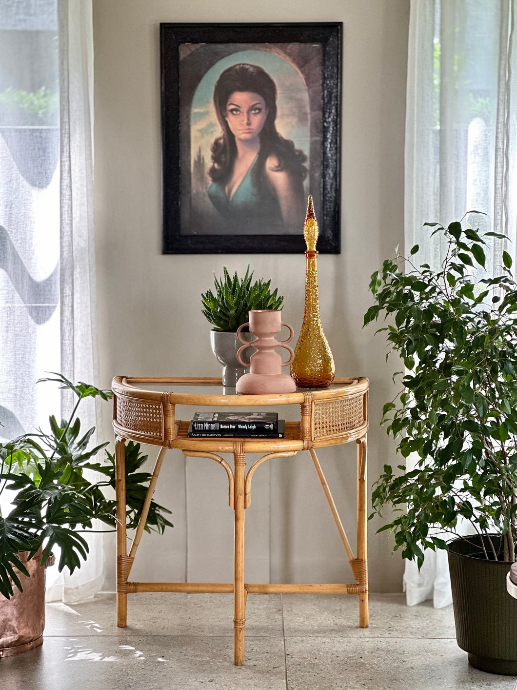 Demi-Lune Glass and Bamboo Occasional Table