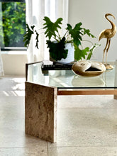 Load image into Gallery viewer, Brass, Glass &amp; Travertine Mid-Century Coffee Table
