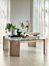 Load image into Gallery viewer, Brass, Glass &amp; Travertine Mid-Century Coffee Table
