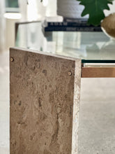 Load image into Gallery viewer, Brass, Glass &amp; Travertine Mid-Century Coffee Table
