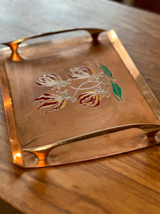 Solid Copper Tray with Enamel Embossed Indigenous Flowers