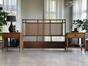 Vintage Queen Cane Headboard and Pedestals