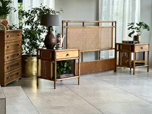 Vintage Queen Cane Headboard and Pedestals