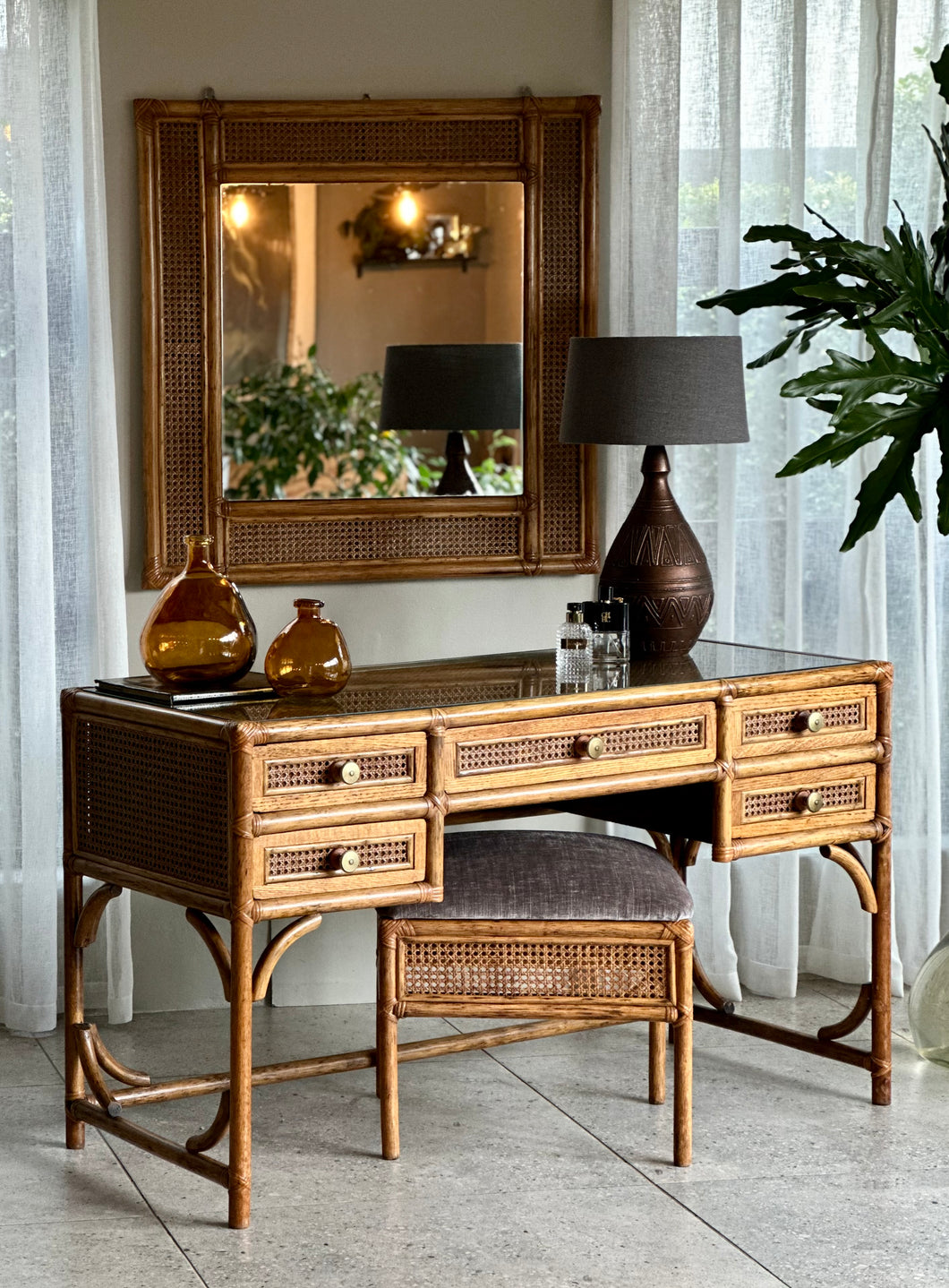 Vintage Cane Dresser, Stool & Mirror