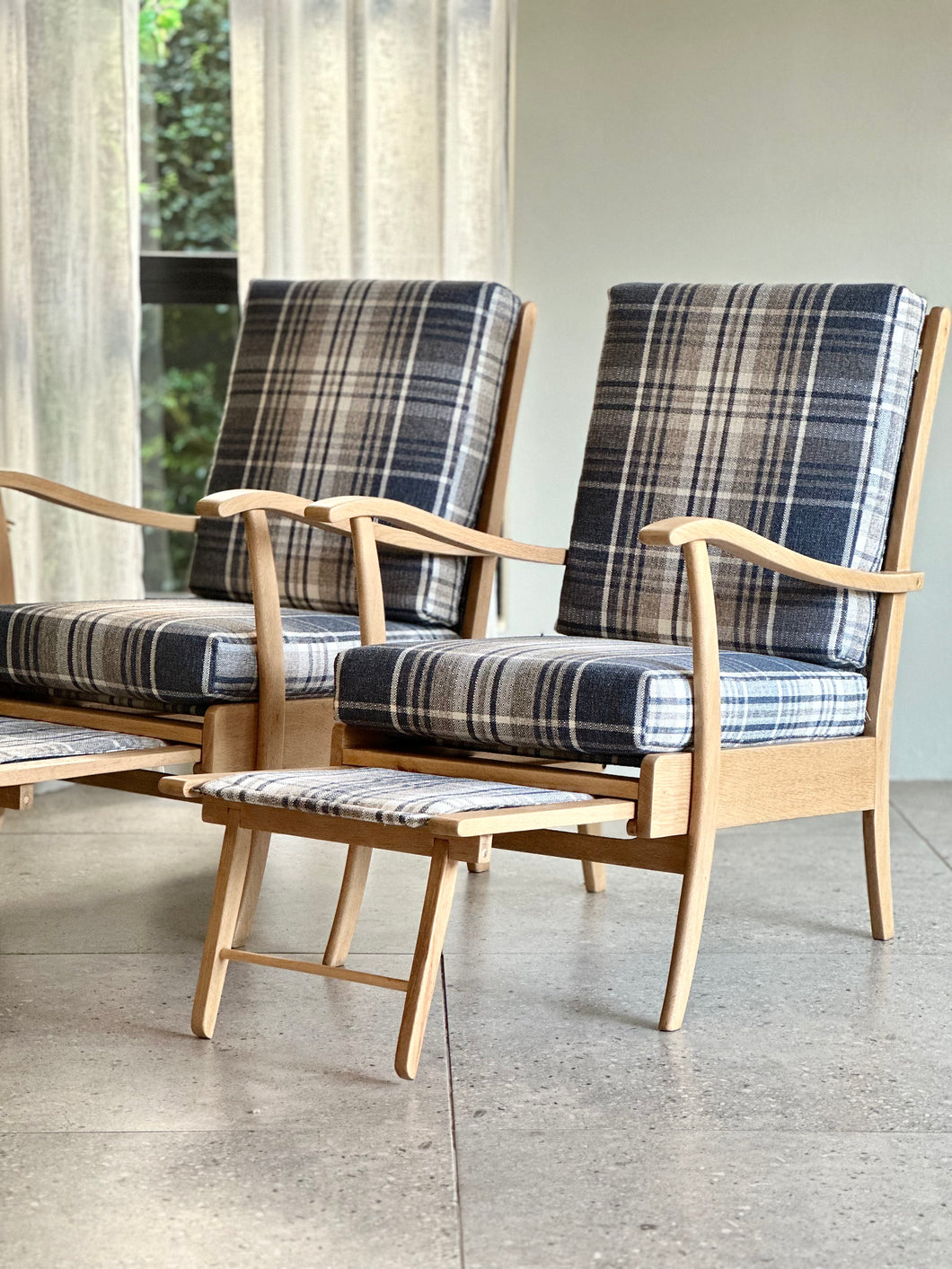 Pair of Vintage Armchairs with Stowaway Footrests