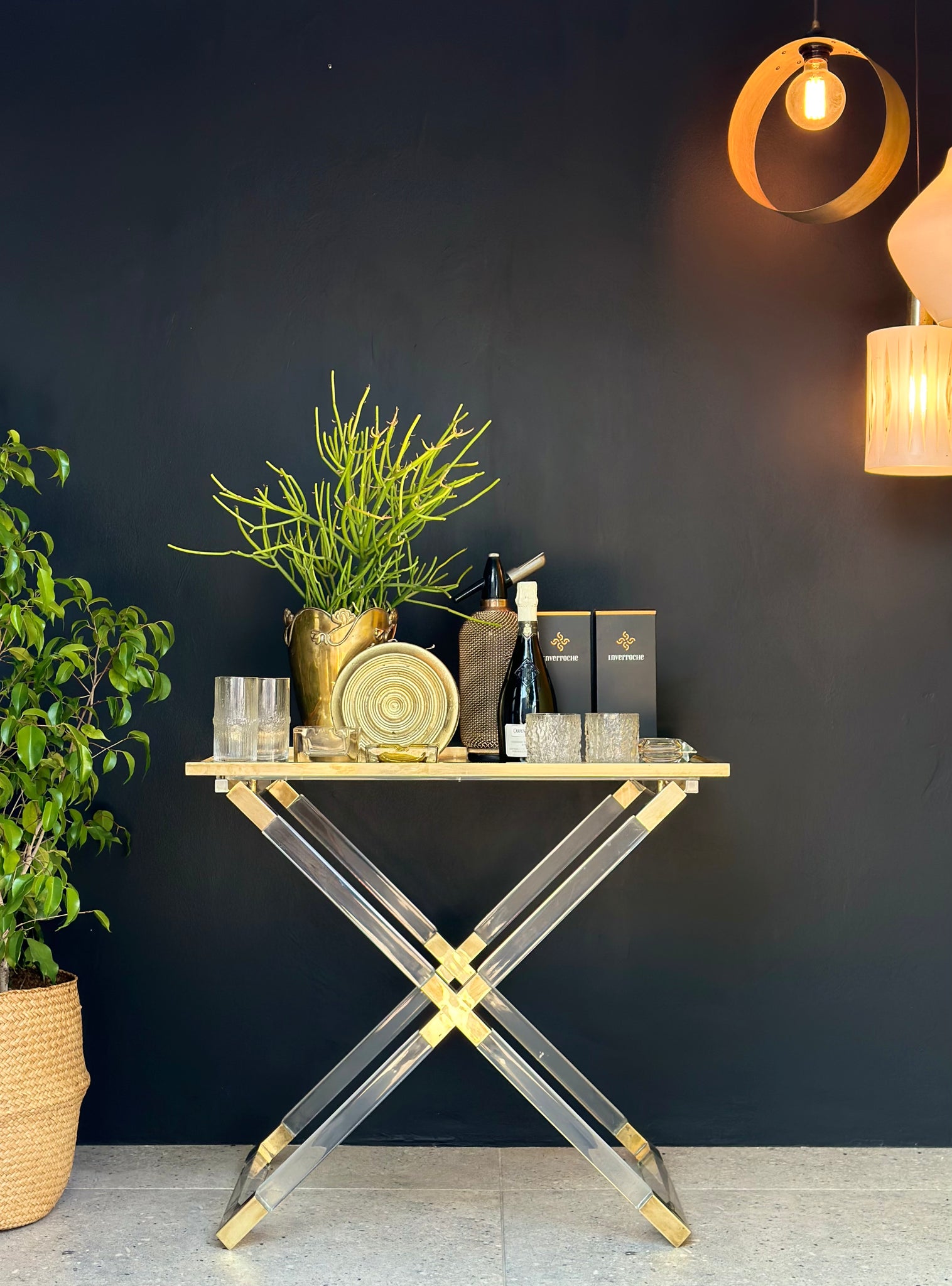 Lucite Brass Serving Bar Table RE TREND