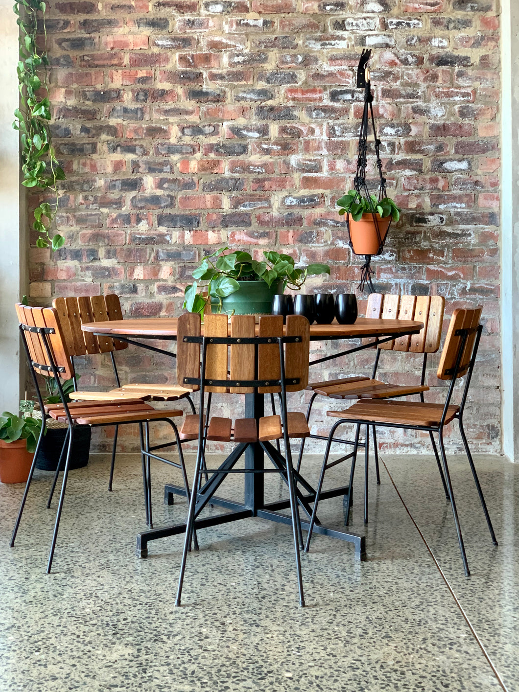 Wooden slatted round table & 6 chairs