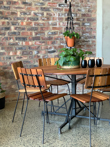 Wooden slatted round table & 6 chairs