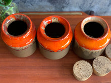 Load image into Gallery viewer, 3 Retro Orange Ceramic Canisters
