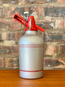 Big Silver & Red Soda Syphon with canister holder
