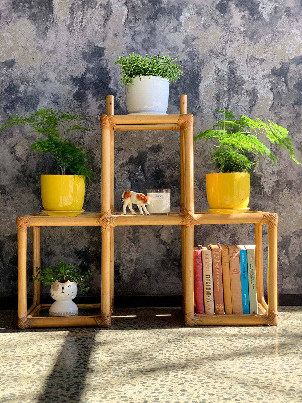 Small Vintage Cane & Glass Shelving unit
