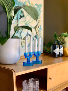 Blue Cut Glass Candle Holders