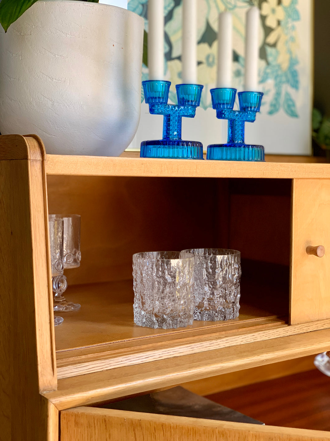 Blue Cut Glass Candle Holders