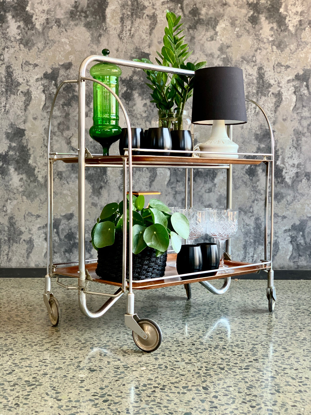 Retro foldable chrome and formica drinks trolley