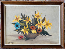 Load image into Gallery viewer, Retro signed oil painting of flowers on board
