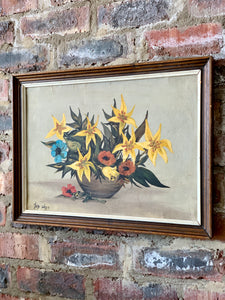Retro signed oil painting of flowers on board