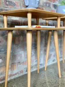 Pair of Mid-Century two tier oak side tables/pedestals