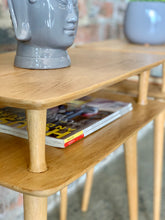 Load image into Gallery viewer, Pair of Mid-Century two tier oak side tables/pedestals
