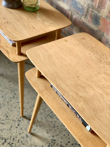 Pair of Mid-Century two tier oak side tables/pedestals