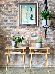 Pair of Mid-Century two tier oak side tables/pedestals