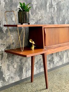 Mid-Century mahogany headboard with brass detail