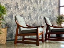 Load image into Gallery viewer, Pair of wooden armchairs with curved arms
