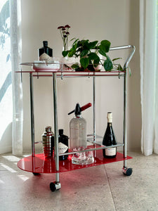 Red Glass & Chromed Tiered Bar Cart