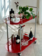 Load image into Gallery viewer, Red Glass &amp; Chromed Tiered Bar Cart
