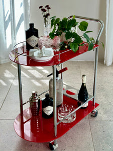 Red Glass & Chromed Tiered Bar Cart