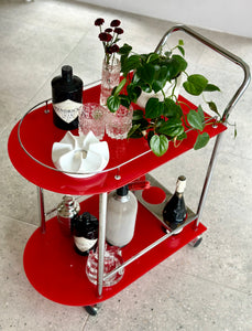 Red Glass & Chromed Tiered Bar Cart