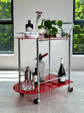 Load image into Gallery viewer, Red Glass &amp; Chromed Tiered Bar Cart
