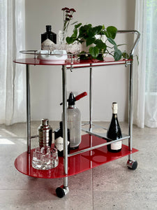 Red Glass & Chromed Tiered Bar Cart