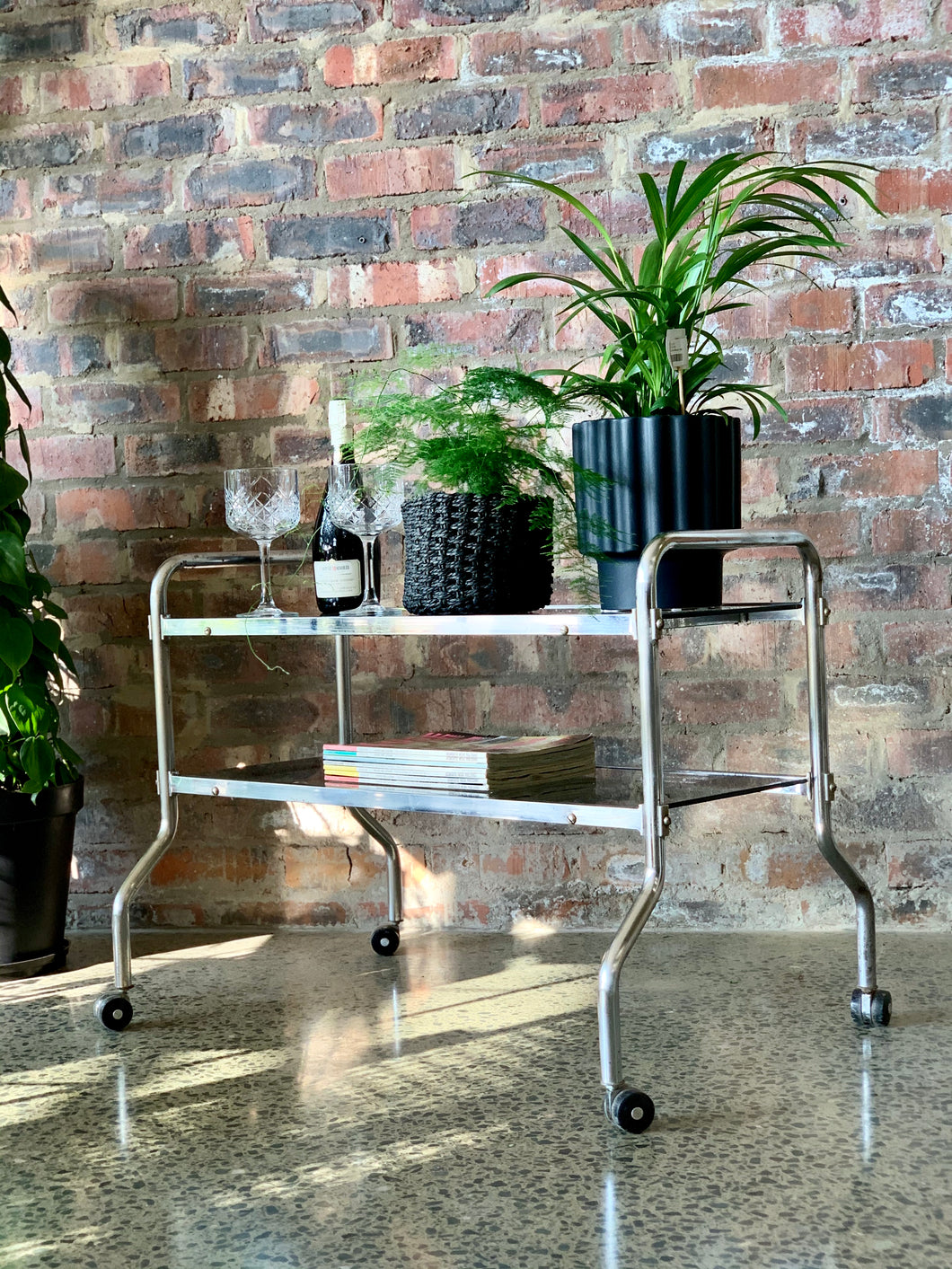 Chrome & glass drinks trolley