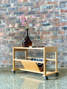 Oak Magazine table on wheels