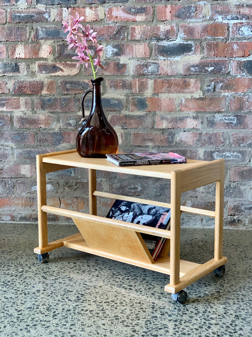 Oak Magazine table on wheels